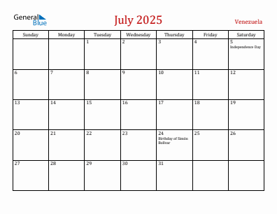Current month calendar with Venezuela holidays for July 2025