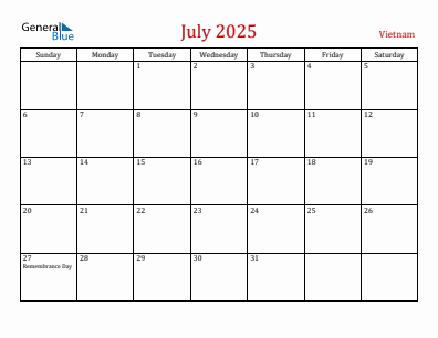 Current month calendar with Vietnam holidays for July 2025