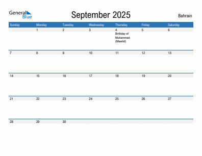 Current month calendar with Bahrain holidays for September 2025