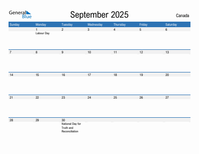 Current month calendar with Canada holidays for September 2025