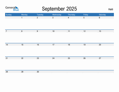 Current month calendar with Haiti holidays for September 2025