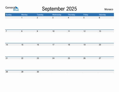 Current month calendar with Monaco holidays for September 2025