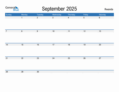 Current month calendar with Rwanda holidays for September 2025