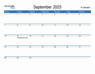 Current month calendar with El Salvador holidays for September 2025