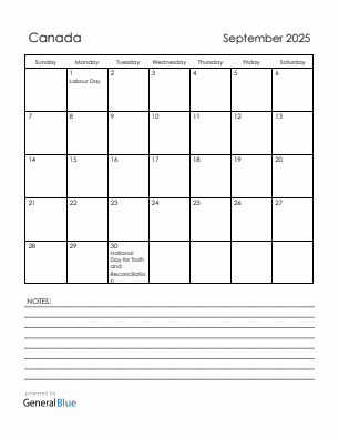 Current month calendar with Canada holidays for September 2025