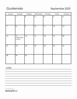 Current month calendar with Guatemala holidays for September 2025