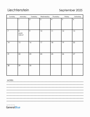 Current month calendar with Liechtenstein holidays for September 2025