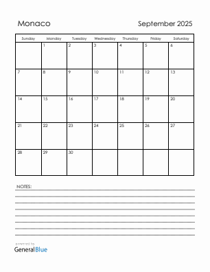Current month calendar with Monaco holidays for September 2025