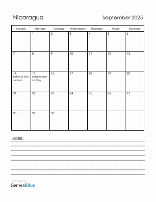 Current month calendar with Nicaragua holidays for September 2025