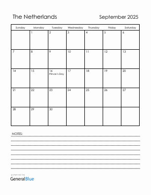 Current month calendar with The Netherlands holidays for September 2025