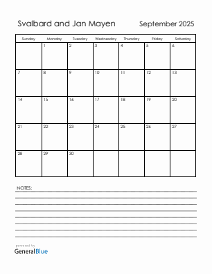 Current month calendar with Svalbard and Jan Mayen holidays for September 2025