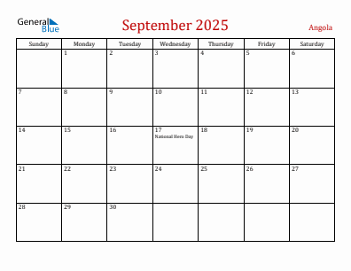 Current month calendar with Angola holidays for September 2025