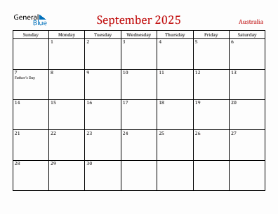 Current month calendar with Australia holidays for September 2025