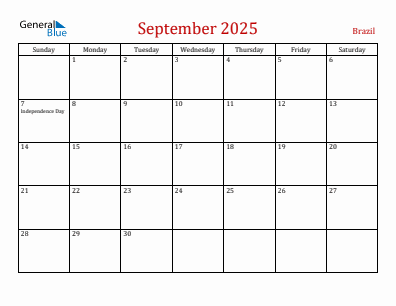 Current month calendar with Brazil holidays for September 2025