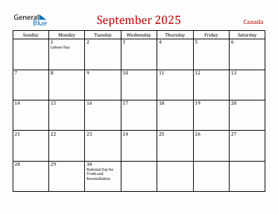 Current month calendar with Canada holidays for September 2025