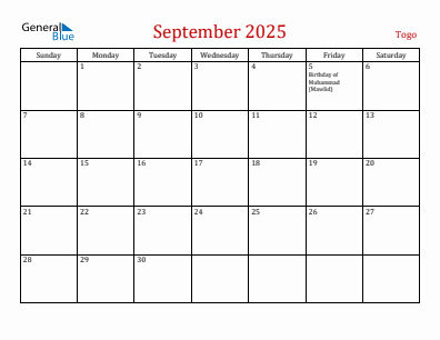Current month calendar with Togo holidays for September 2025