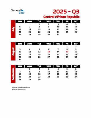 Central African Republic Quarter 3 2025 calendar template