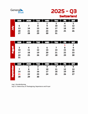 Switzerland Quarter 3 2025 calendar template
