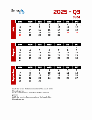 Cuba Quarter 3 2025 calendar template