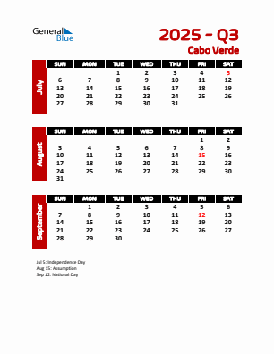 Cabo Verde Quarter 3 2025 calendar template