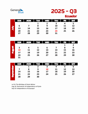 Ecuador Quarter 3 2025 calendar template
