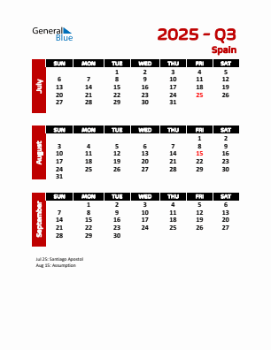 Spain Quarter 3 2025 calendar template