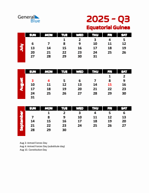 Equatorial Guinea Quarter 3 2025 calendar template