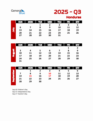 Honduras Quarter 3 2025 calendar template