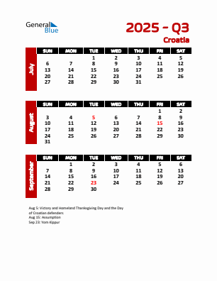 Croatia Quarter 3 2025 calendar template