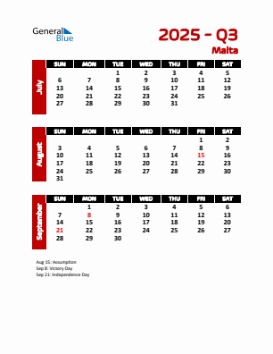Malta Quarter 3 2025 calendar template