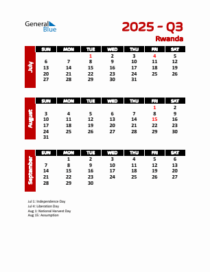 Rwanda Quarter 3 2025 calendar template