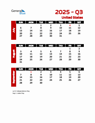 United States Quarter 3 2025 calendar template