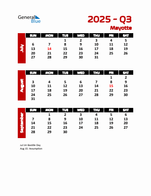Mayotte Quarter 3 2025 calendar template