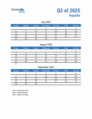 Anguilla Quarter 3 2025 calendar template