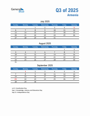 Armenia Quarter 3 2025 calendar template