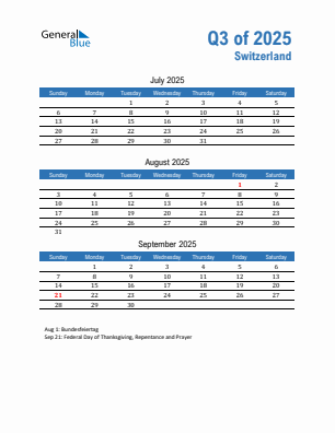 Switzerland Quarter 3 2025 calendar template