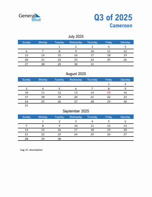 Cameroon Quarter 3 2025 calendar template