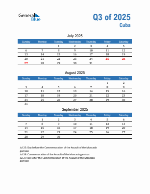 Cuba Quarter 3 2025 calendar template