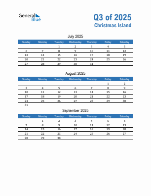 Christmas Island Quarter 3 2025 calendar template