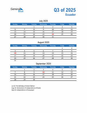 Ecuador Quarter 3 2025 calendar template