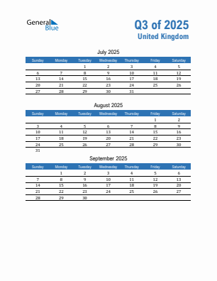United Kingdom Quarter 3 2025 calendar template