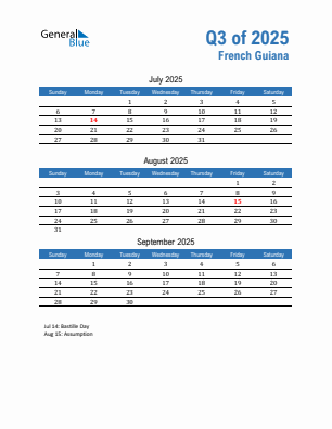 French Guiana Quarter 3 2025 calendar template