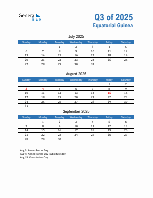 Equatorial Guinea Quarter 3 2025 calendar template