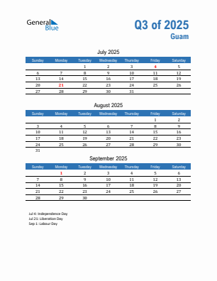 Guam Quarter 3 2025 calendar template