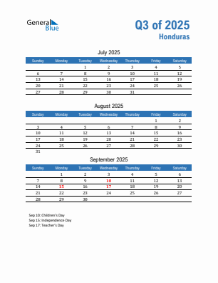 Honduras Quarter 3 2025 calendar template