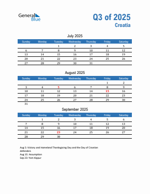 Croatia Quarter 3 2025 calendar template