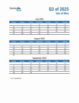 Isle of Man Quarter 3 2025 calendar template