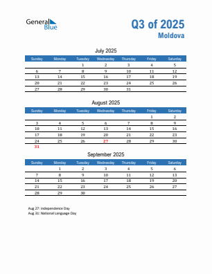 Moldova Quarter 3 2025 calendar template