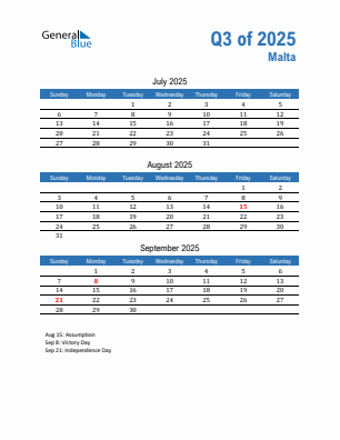 Malta Quarter 3 2025 calendar template