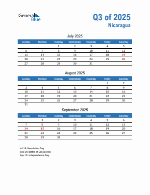 Nicaragua Quarter 3 2025 calendar template